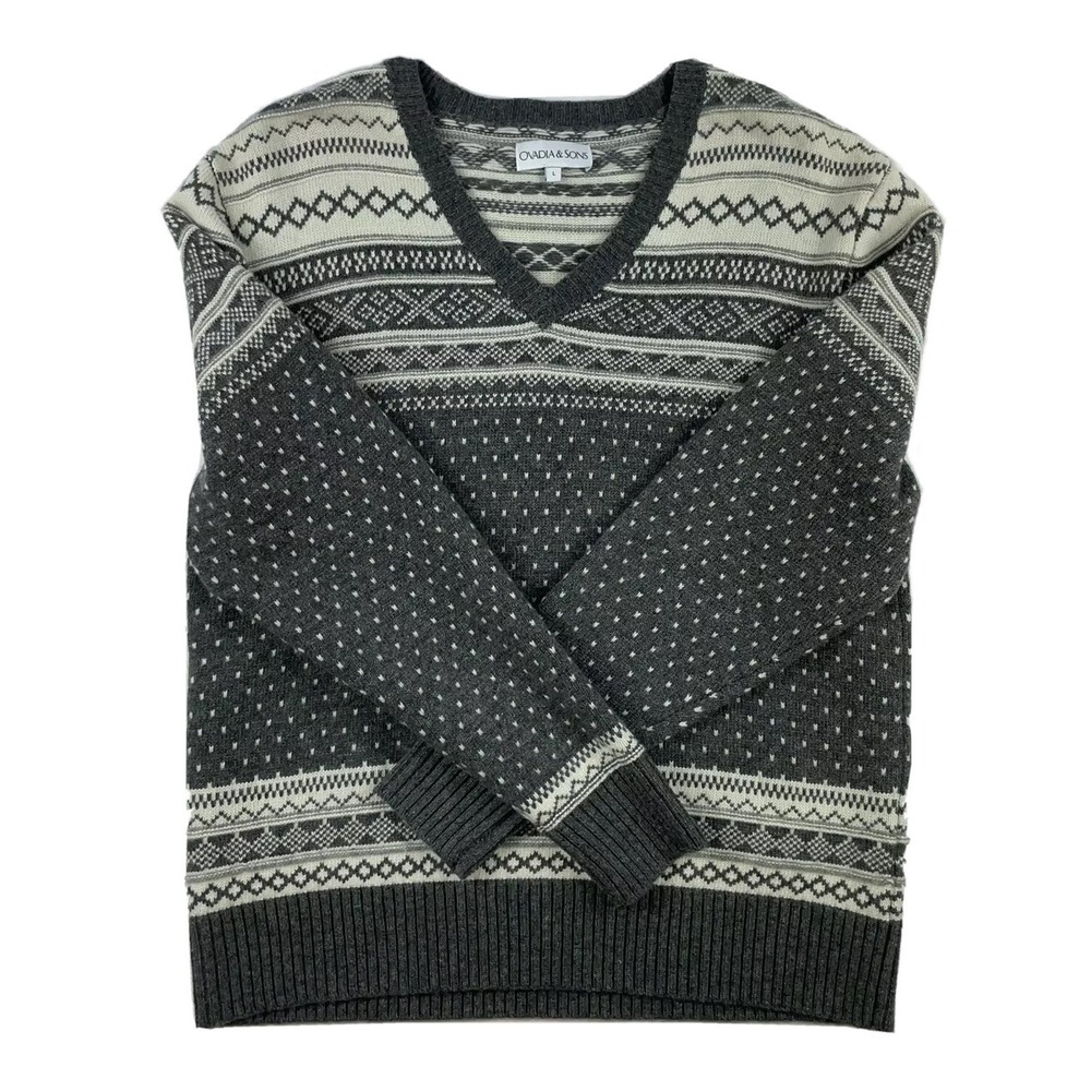 Ovadia & Sons Gray Fair Isle Mens V Neck Wool Sweater Size L NWOT